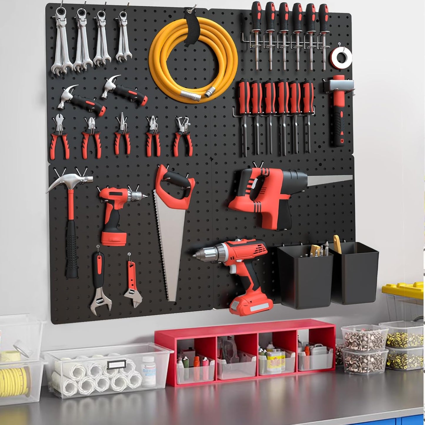 FZK Pegboard 32"*32",Black Pegboard 4pcs and 46 Peg Board Hooks with Strong Ribs Back Holds up for 200Ib,Peg Board Organizer for Walls for Garage Workshop Office