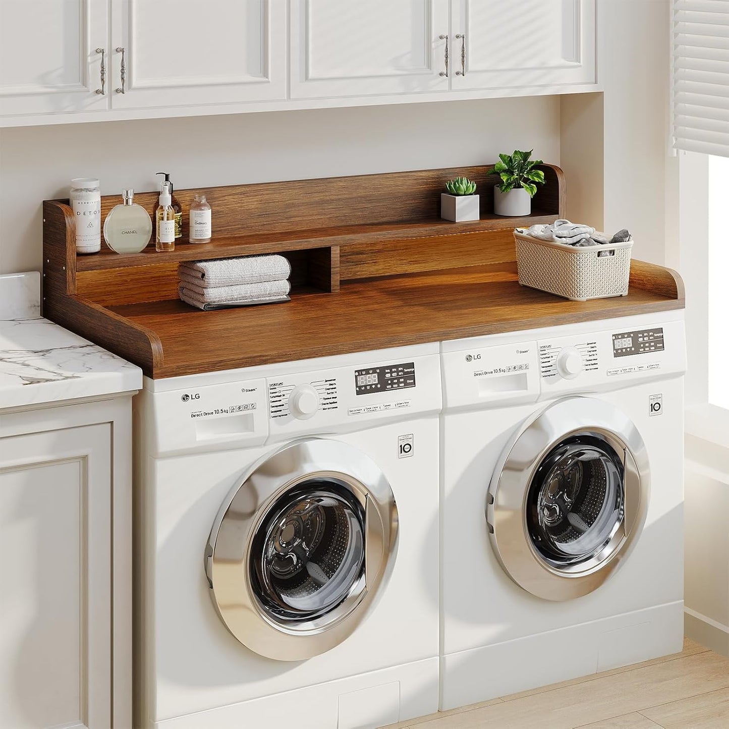 2-Tier Washer Dryer Countertop with 2.75" H Edge Rails, 58" W x 28" D Laundry Countertop for Folding Clothes, Washer and Dryer Topper with Non-Slip Pad (Brown)