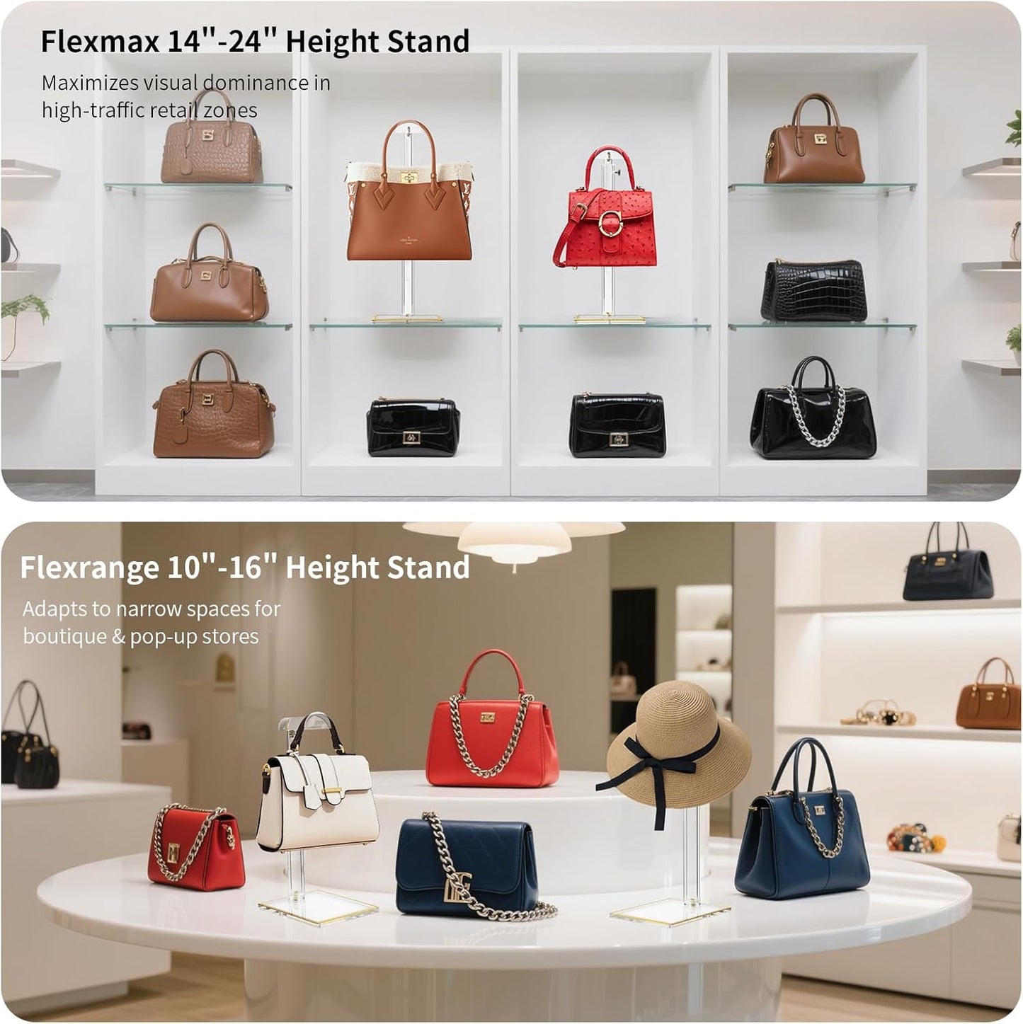 2Pcs Purse Display Stands, Height Adjustable10"-16"+14"-24", Acrylic Handbag Stands for Display, Clear Holder for Purse Evening Bag Clutch, Bag Table Rack, Purses Hanging Organizer for Closet Retail Vendor