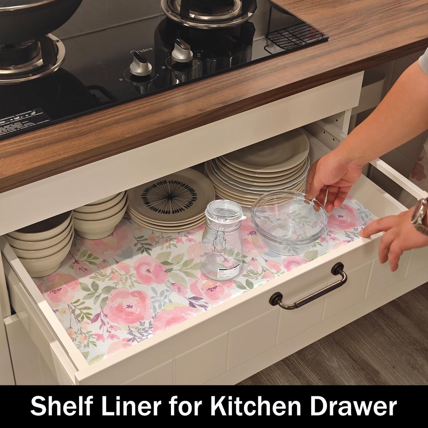 Peach Peony Shelf and Drawer Liner for Kitchen,Non-Adhesive and Strong Non-Slip Floral Cabinet Drawer Liners for Kitchen Shelf, Waterproof Cupboard Liners,Easy to Clean,12IN x 10FT