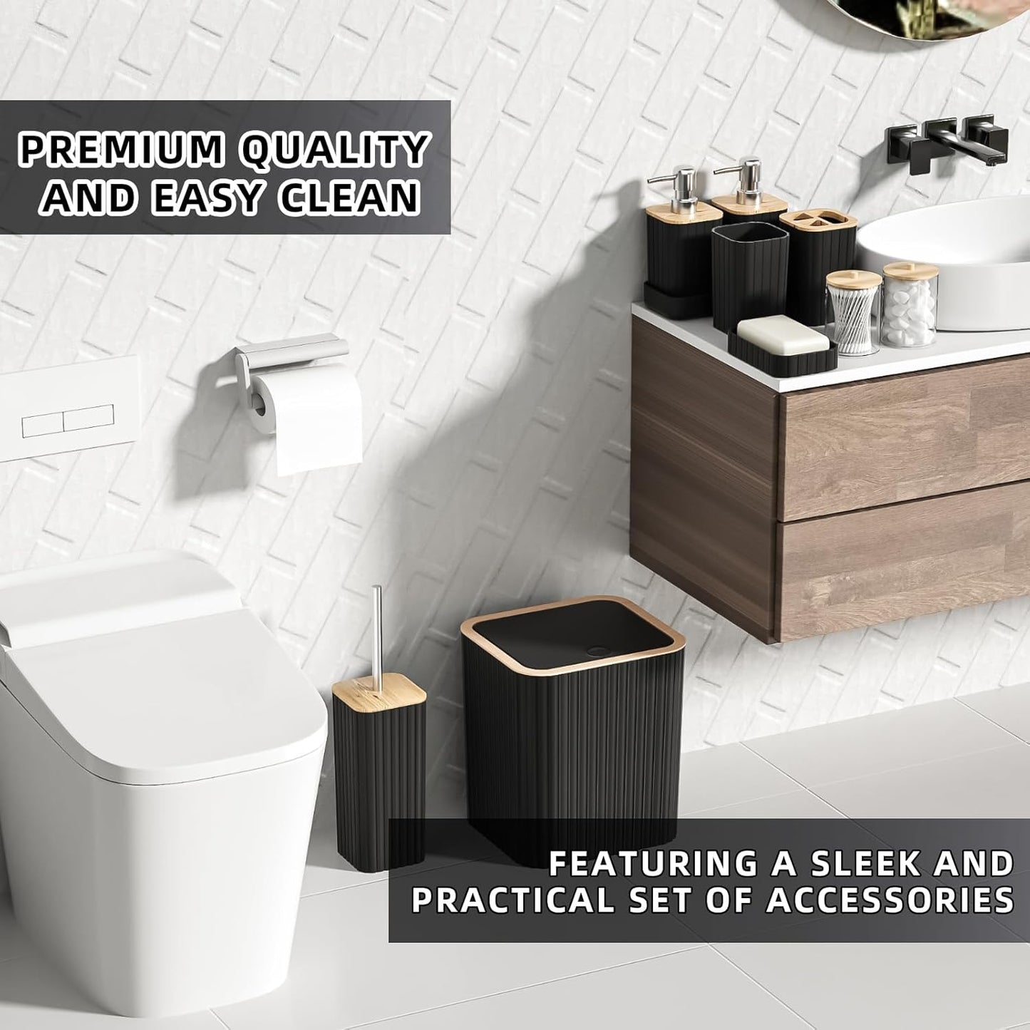 Bathroom Set - 25PC Black Bathroom Set with Shower Curtain and Rugs, Bathroom Accessories Set, Black Shower Curtain Set with Bathroom Trash Can