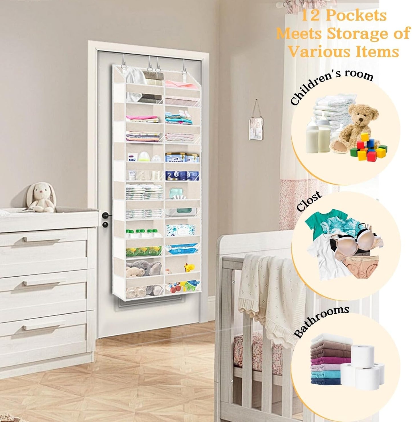 2 Pack Over The Door Organizer 6 Tiers, Extra Large Behind Door Storage of 12 Compartments, 80 lbs Weight Capacity Hanging Storage Organizer with Clear Window Kids Toys,Shoes (6 Tiers - Beige)