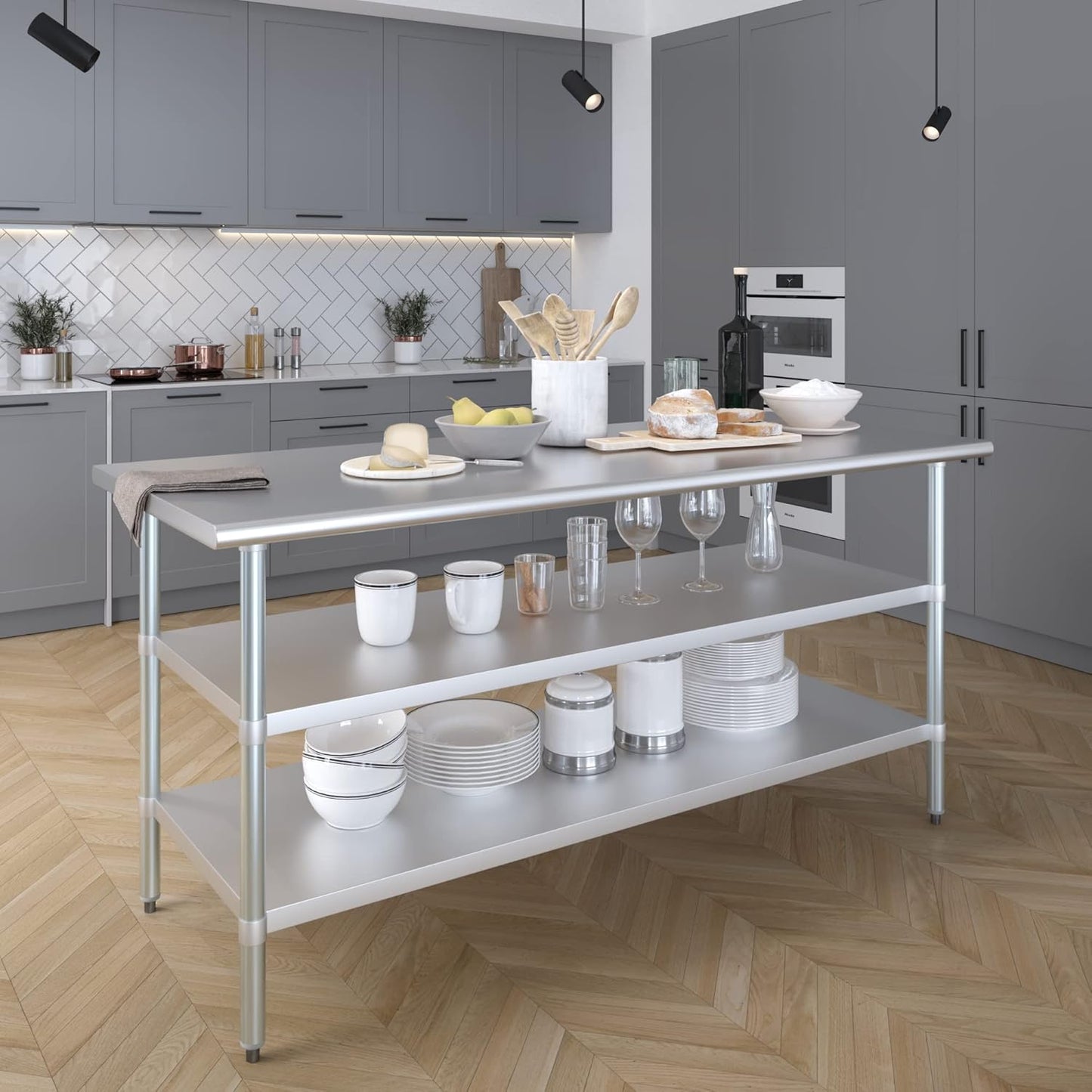 AmGood Stainless Steel Work Table with 2 Shelves | NSF | Metal Utility Table (72" Long x 30" Deep)