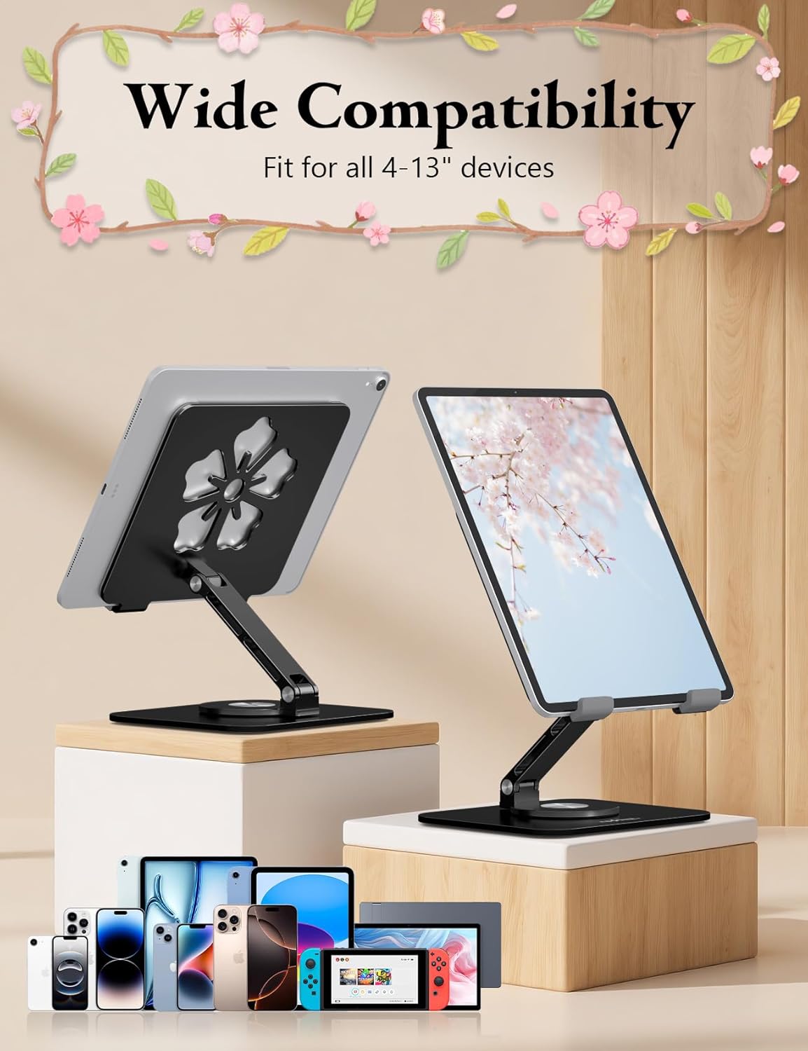 Tablet Stand for iPad, 360° Rotating Aluminum Foldable Holder – Adjustable Desk Stand | Fits iPad Pro 12.9/11,Samsung Galaxy Tab – Portable for Home, Office & Travel,Black