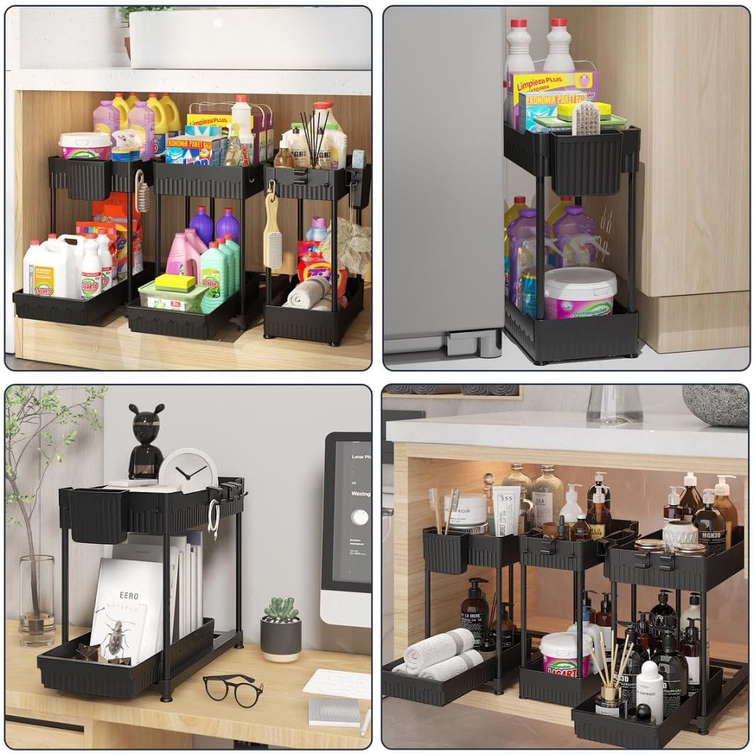 3 Pack Under Sink Organizers, 2-Tier Multi-Use Kitchen and Bathroom Organizers and Storage with Sliding Drawers,Bathroom Cabinet Organizer (Black, 12.8 Inch)