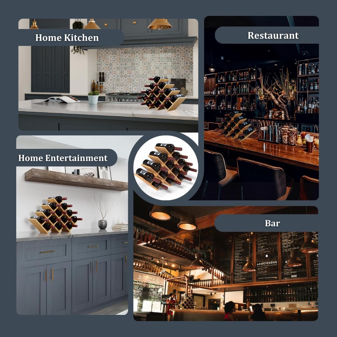13 Bottle Bamboo Small Wine Rack for Countertop, No Tools Assembly, Modern Lattice Design, Durable, Wine and Liquor Bottle Storage for Small Spaces