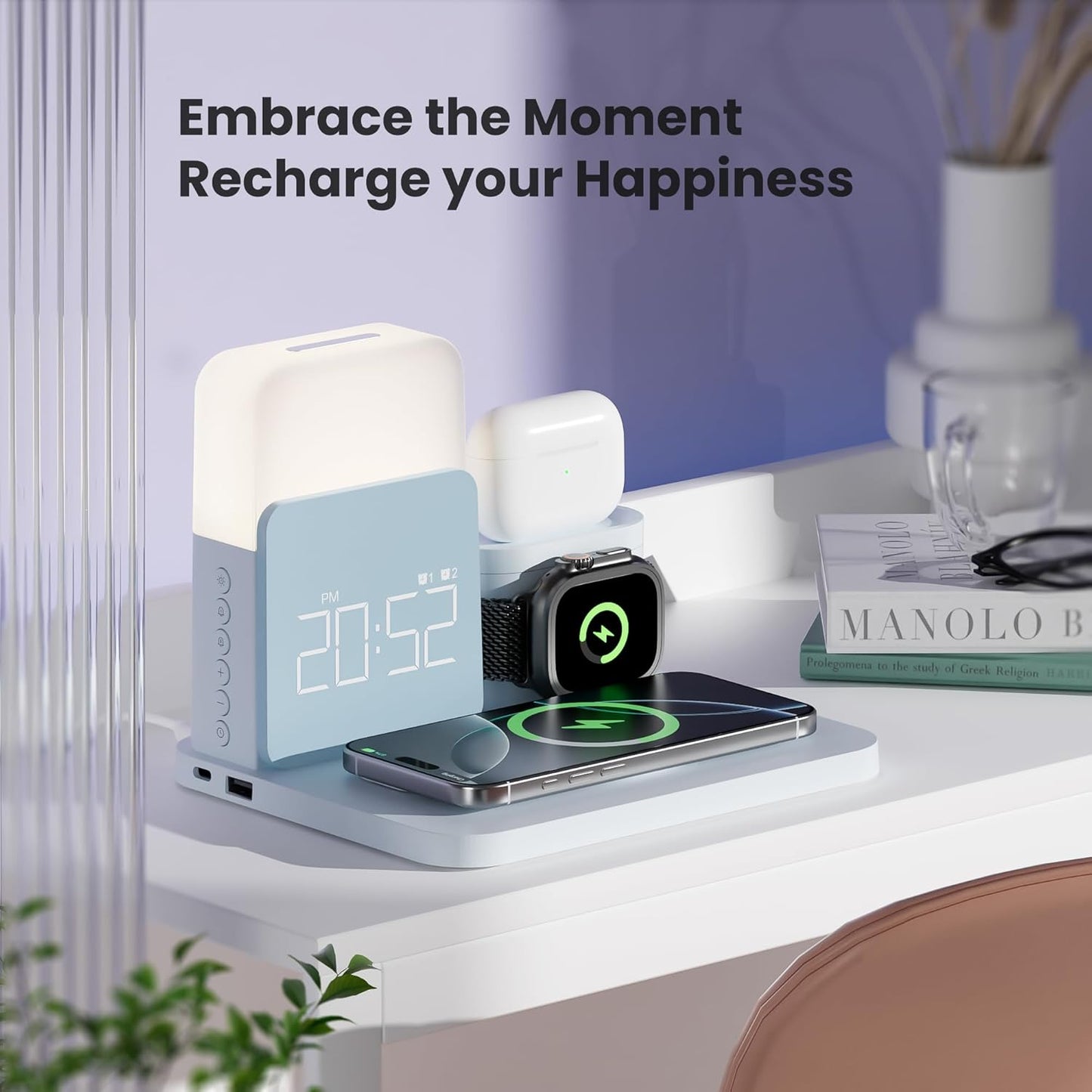 7 in 1 Wireless Charging Station, Alarm Clock with Wireless Charger for Bedrooms, Magnetic Charger with Night Light Bedside Clock for iPhone 17 16 15 14 13 12 Pro Max, Apple Watch, AirPods