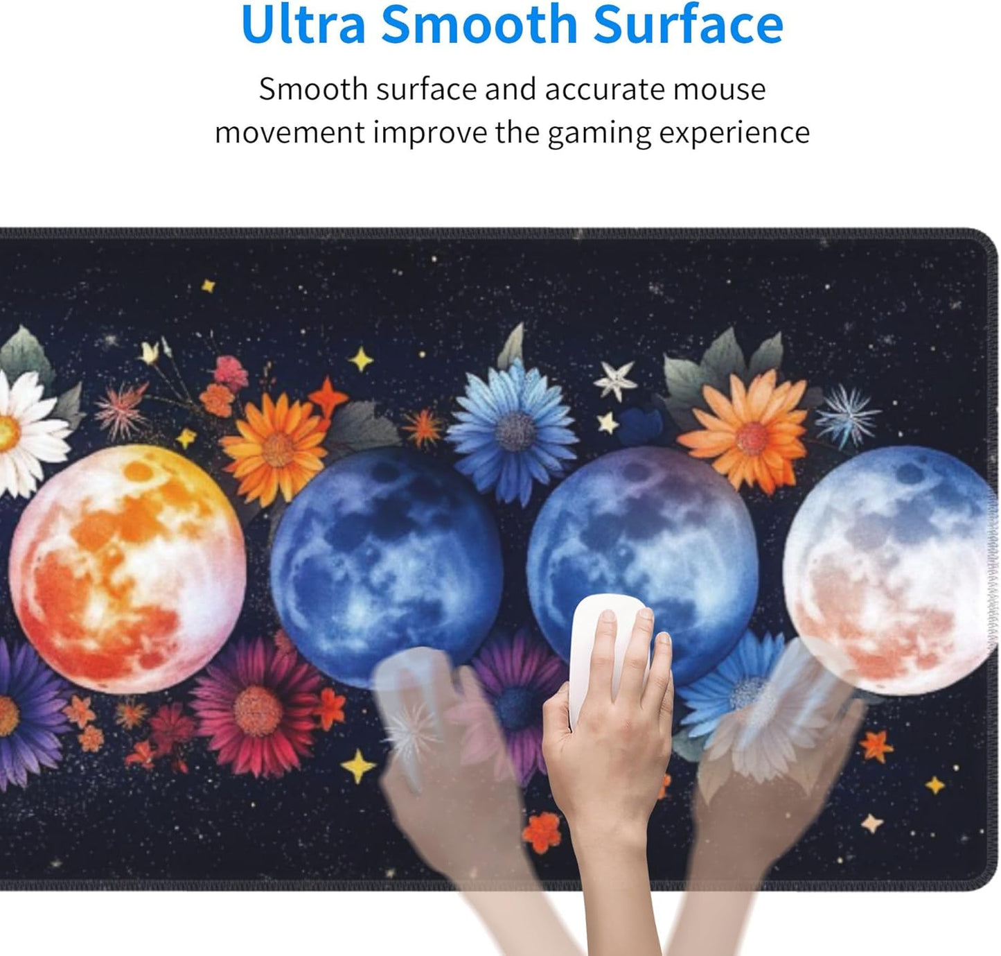 Colorful Moon Phases Large Mouse Pad, Watercolor Flowers Gaming Desk Mat, XL Keyboard Desk Pad Mat for Desktop, 31.5"x11.8" Non-Slip Base Big Mousepad with Stitched Edges