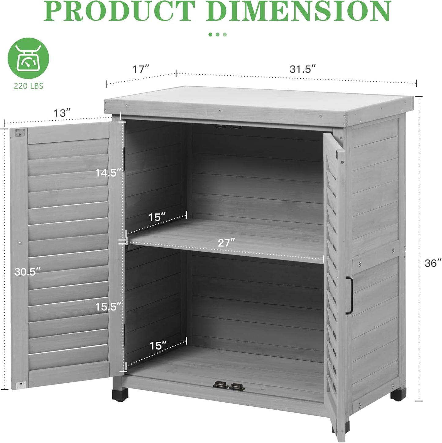 Outdoor Potting Bench with Storage Cabinet and Metal Top, Wood Workstation for Outdoor Patio, Garden (Light Grey, 31x17x36‘’)