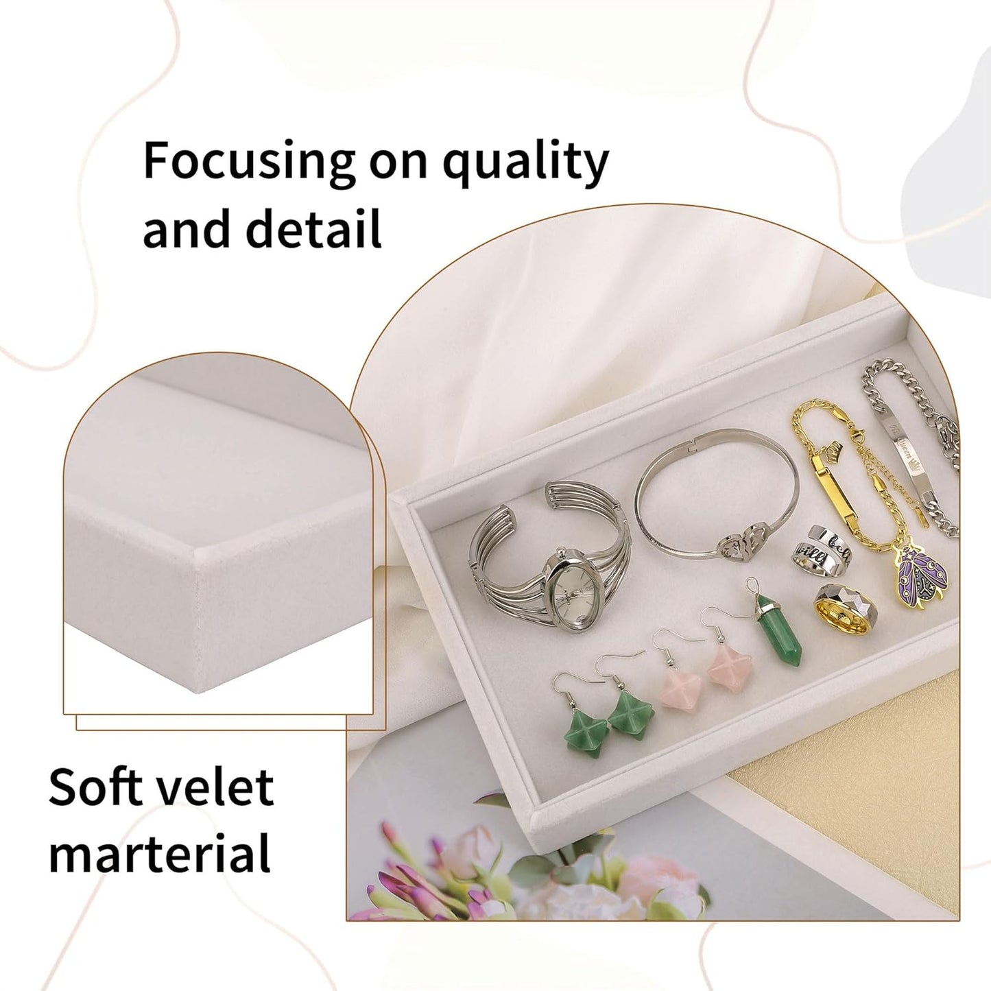 Mornajina 9" x 5.7" Velvet Jewelry Tray Jewelry Display Tray, Stackable Empty Plate Trays for Earrings Necklaces Bracelet Rings Display Showcase - Beige
