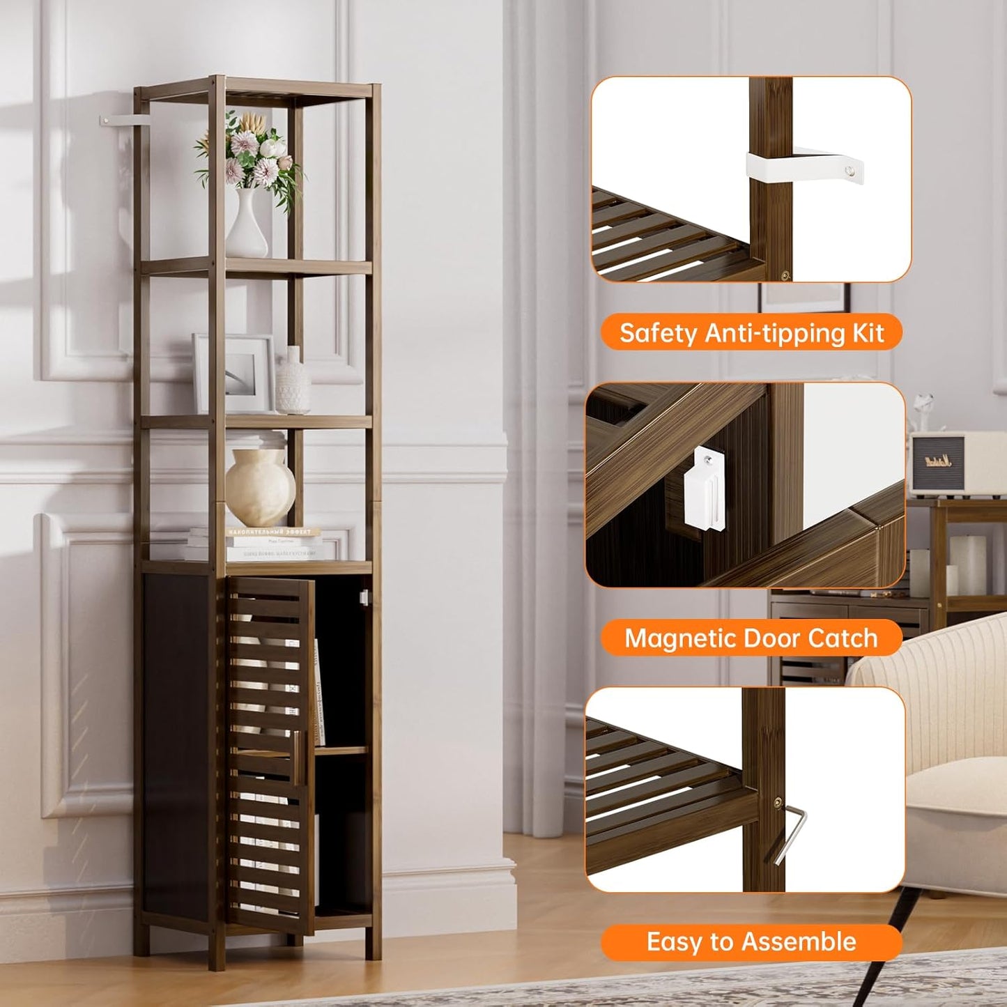 HITNET Bathroom Cabinet, Bamboo Floor Cabinet Freestanding Narrow Storage Unit with Removable Shelves, 6 Tier Tall Cabinet, Walnut