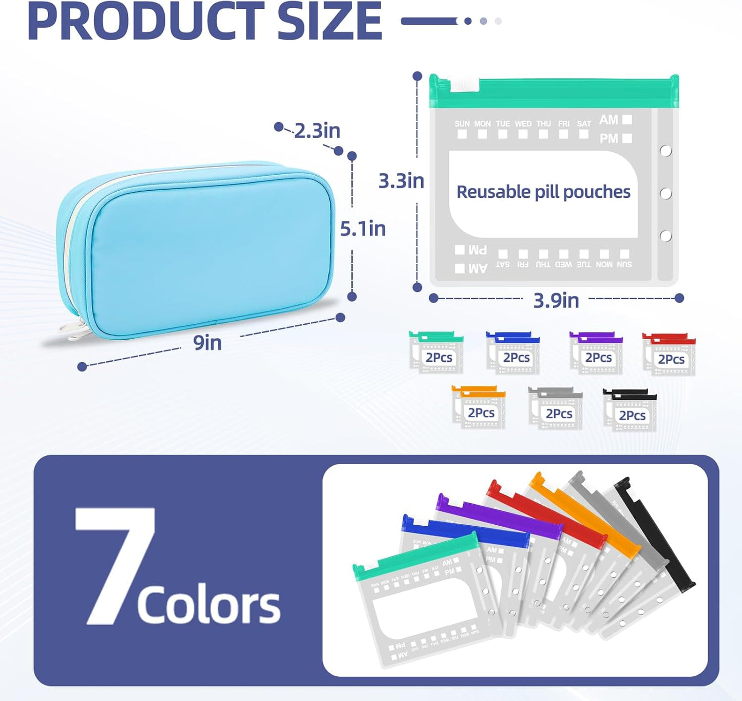 Weekly Pill Organizer 2 Times a Day - Timueetech A6 Waterproof 14 Pill Pouch Bags for Travel, BPA-Free Medicine Storage with Labels & Self-Sealing Design for Vitamins and Supplements, Blue