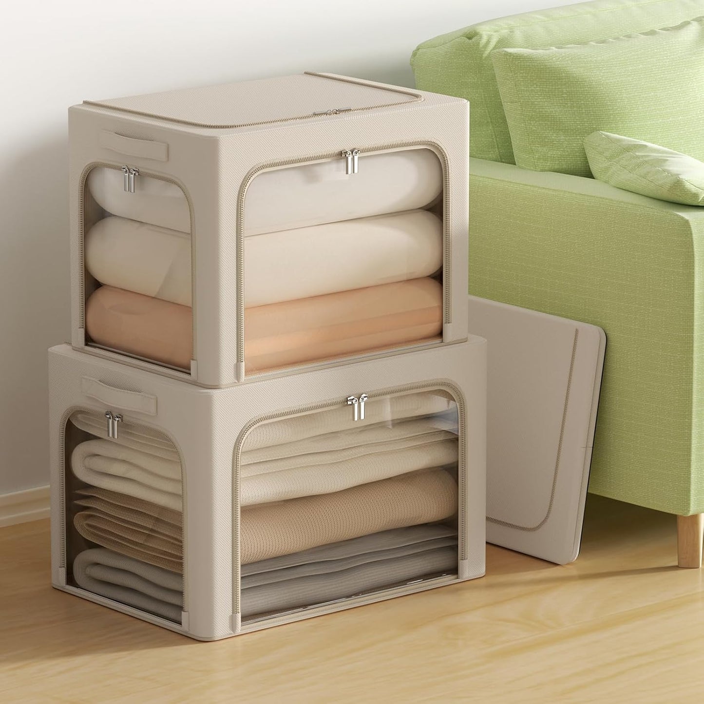 3Pack Clothes Storage Bins - Oxford Frame Storage Box Foldable Stackable Storage Organizer with 3 Openings Design, Metal Frame, Clear Window, Carry Handles (Beige, 100L-23.6 * 16.5 * 15.7in)
