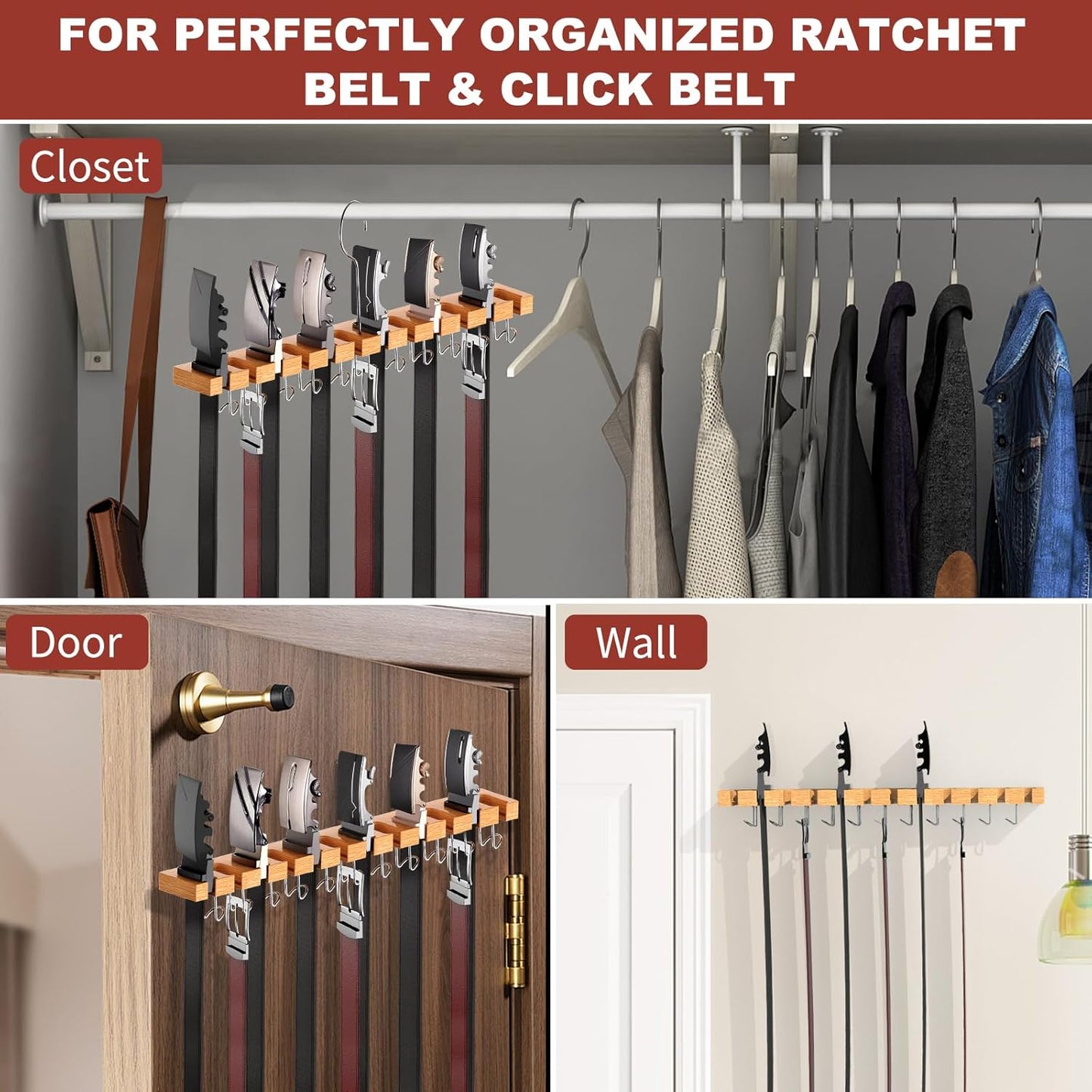 Belt Hanger for Closet Max 42 Belts, 2-in-1 Wall Mount Belt Organizer with 360° Rotating Hooks, Wooden Tie and Belt Rack for Closet Accessories Organizers and Storage, 12+11 Storage