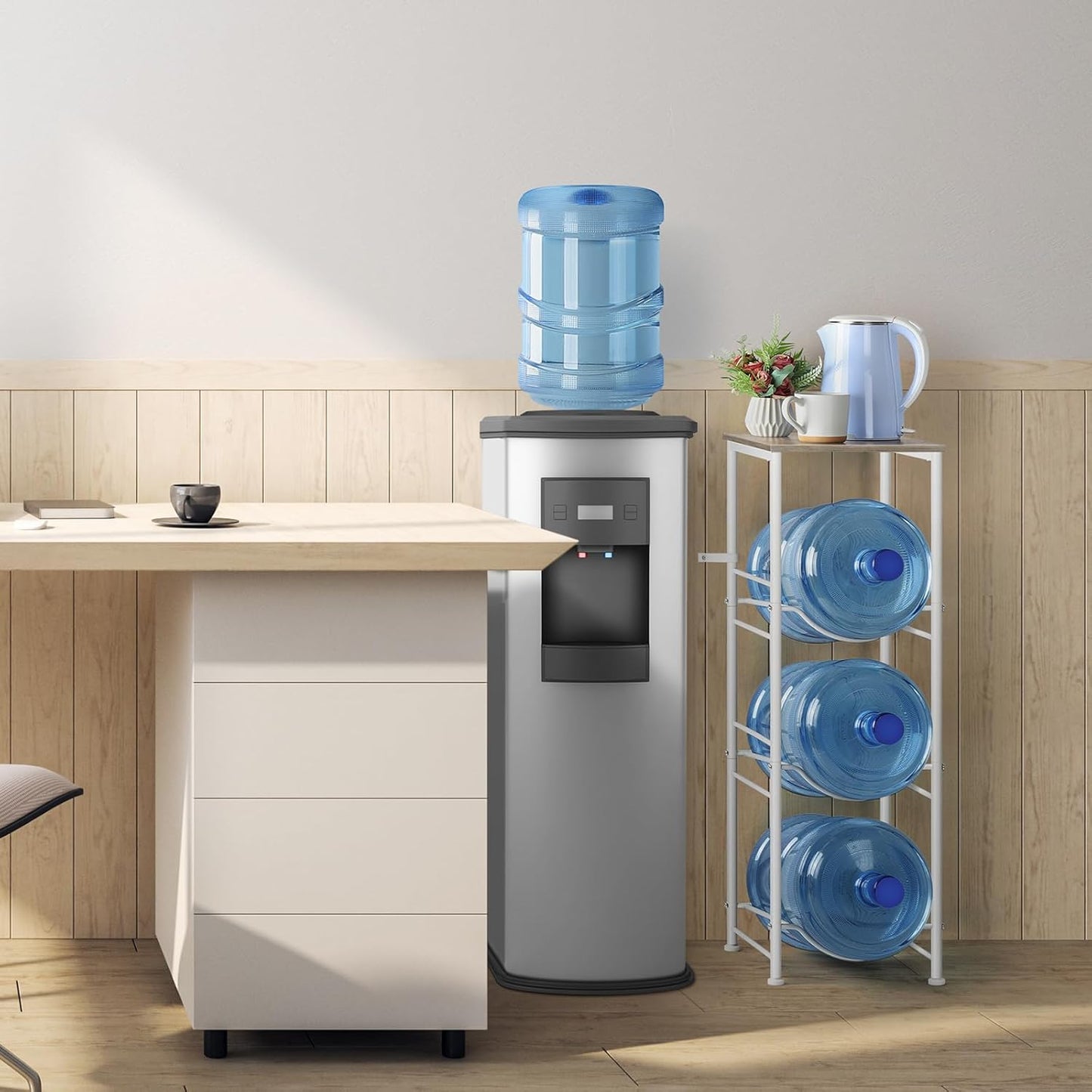 OYEAL Water Bottle Storage Holder 5 Gallon Drink Dispenser Stand with Table 3-Tier Heavy Duty Water Cooler Jug Rack Water Bottle Organizer for Kitchen, Office, Living Room, Rustic Grey