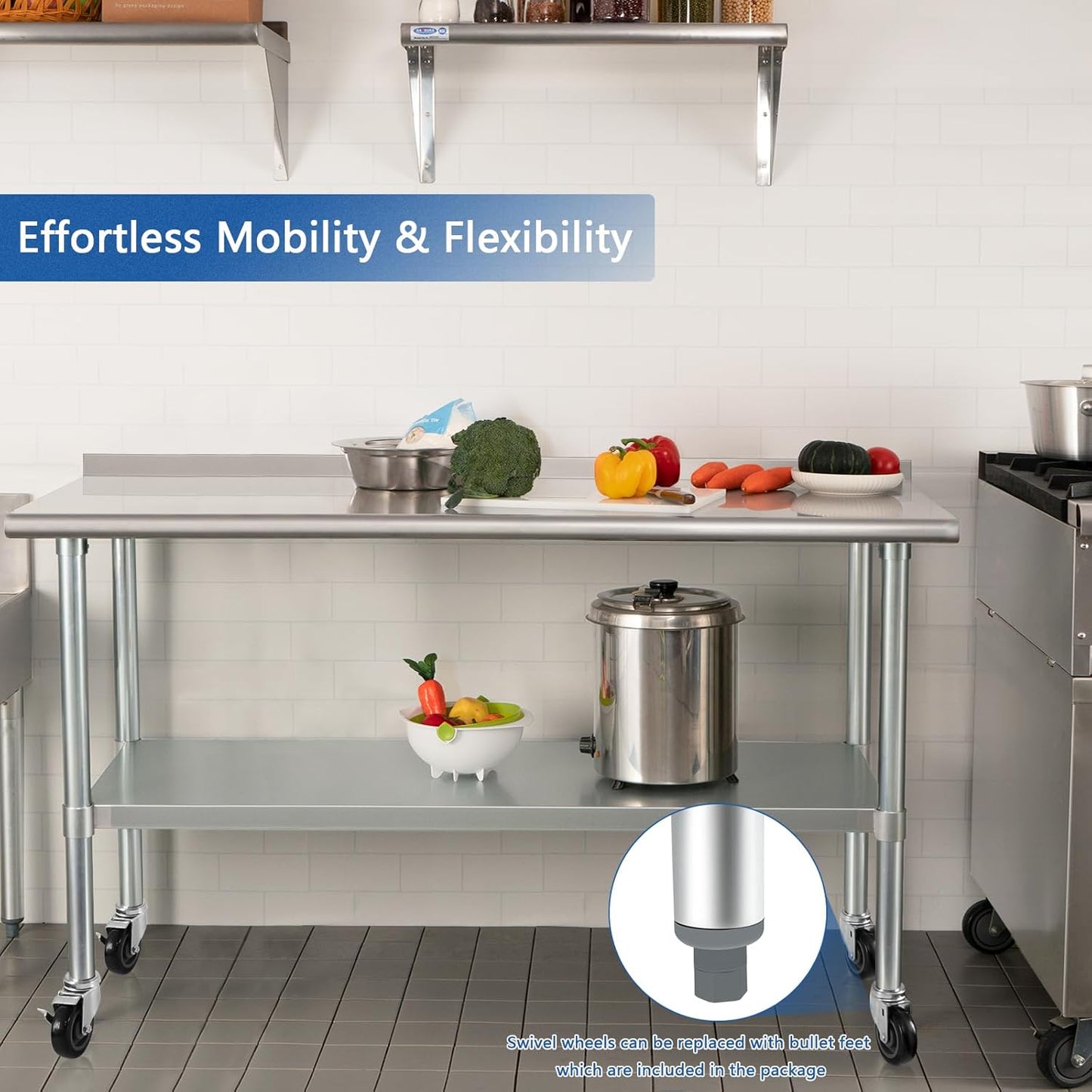 HARDURA Stainless Steel Table with Wheels 30X72 Inches NSF Heavy Duty Commercial Prep Table with 2” Backsplash and Adjustable Undershelf for Food Prep