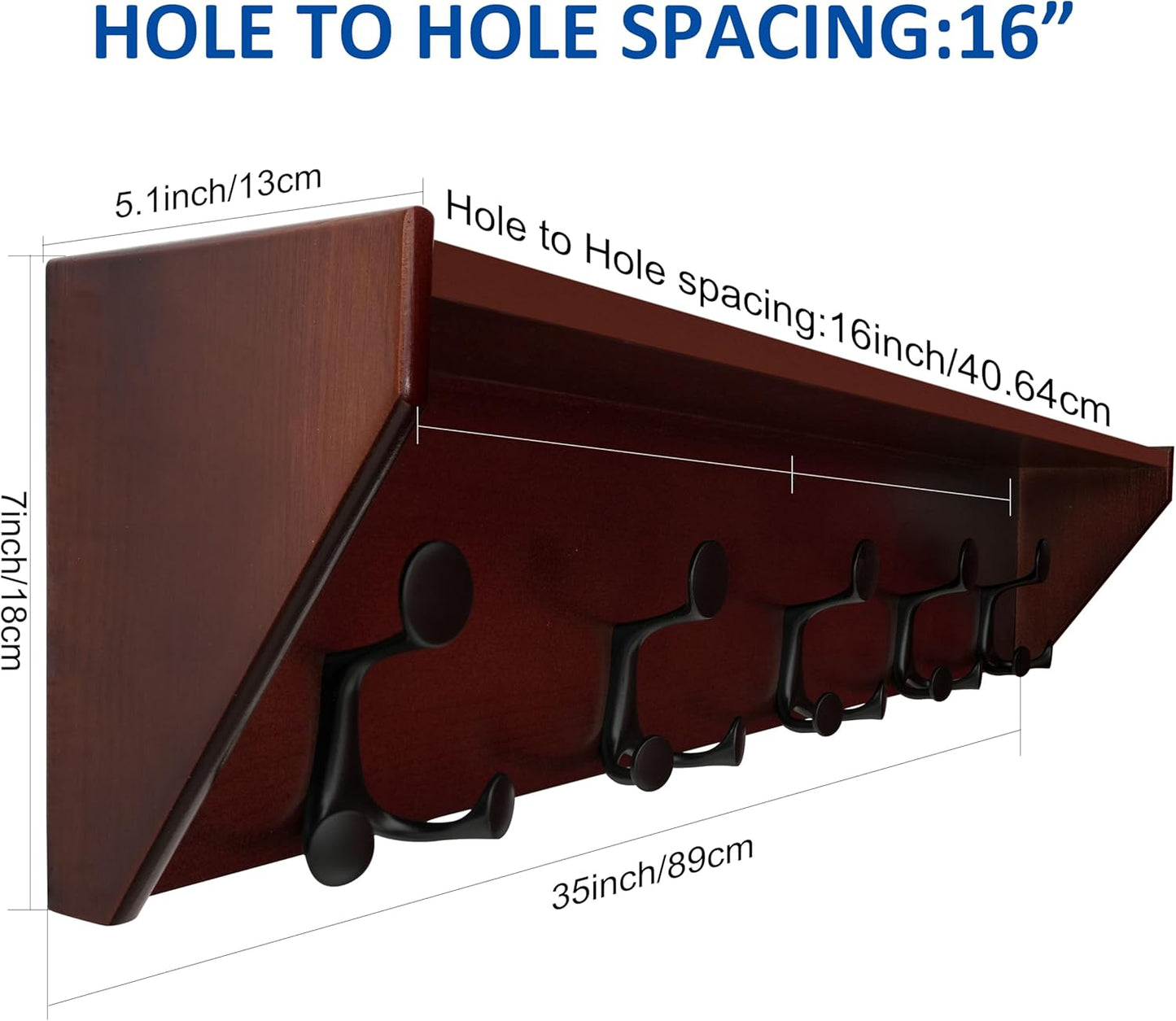 WEBI Wall Shelf with Hooks Underneath,35” Long Wall Mounted Coat Rack with Shelf,Entryway Coat Rack with 5 Triple Hooks for Hanging Coats,Jacket,Hallway,Bedroom,Mudroom,Cherry