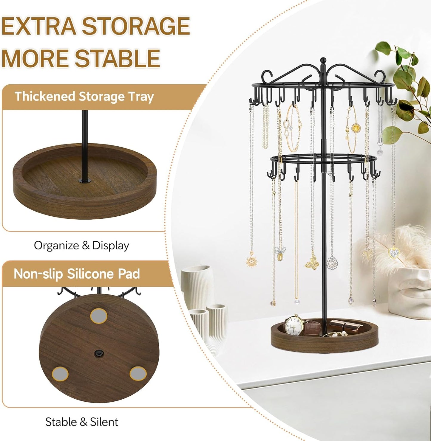 iDavosic.ly 2 Tier Rotating Necklace Holder Organizer with Wooden Jewelry Tray, Adjustable Metal Bracelet Display Stand with 42 Hooks, Extra Tall Keychain Spinning Tree Tower for Women, Black