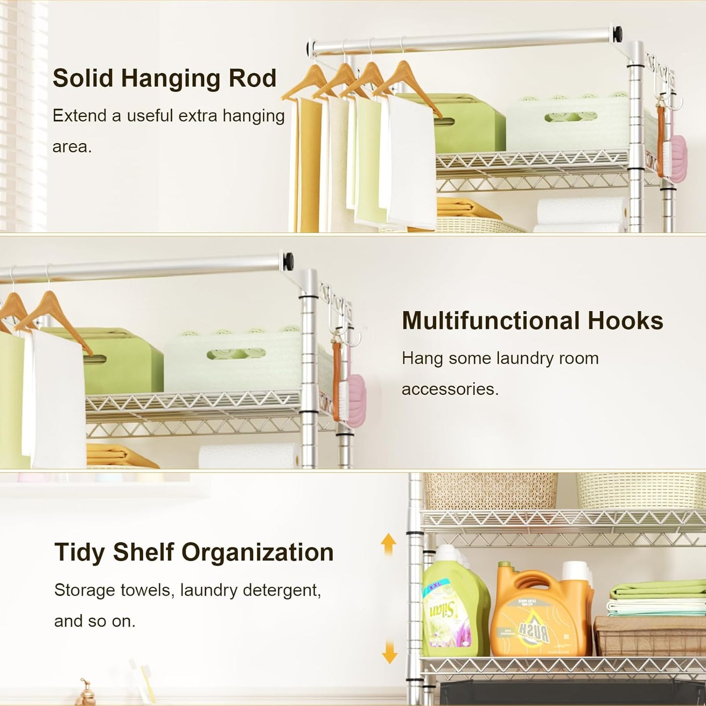 Ulif U11 Mini Over Washer and Dryer Shelves, 3 Tiers Laundry Room Storage and Organizer Standing Shelf, Metal Freestanding Clothes Drying Rack, 28.3" W x 19.7" D x 77.6" H, Chrome