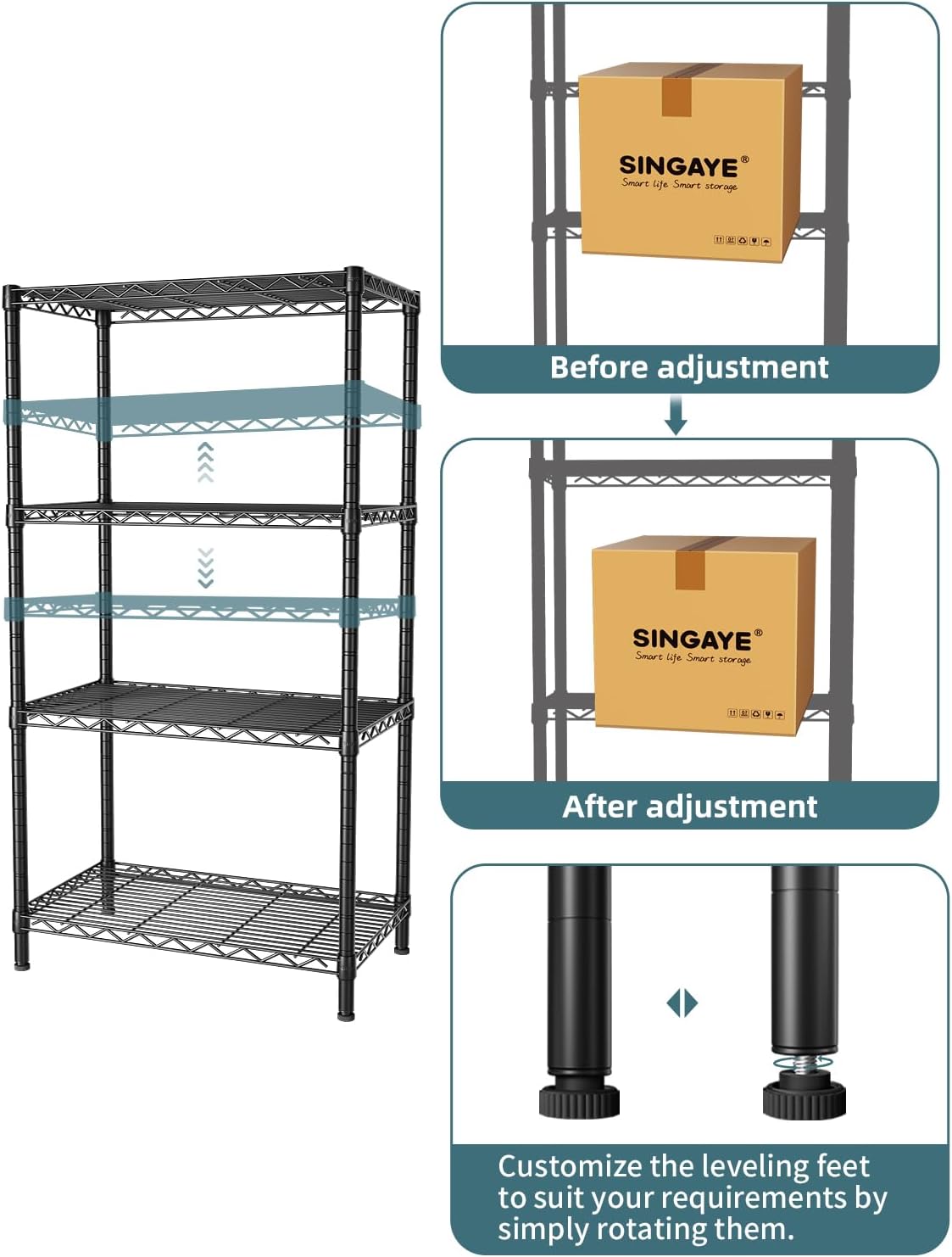 SINGAYE 4 Tier Storage Rack Wire Shelving Unit Shelves Metal for Pantry Closet Shelve Organization Kitchen Laundryroom 800Lbs Capacity 24" D x 14" W x 48" H Black