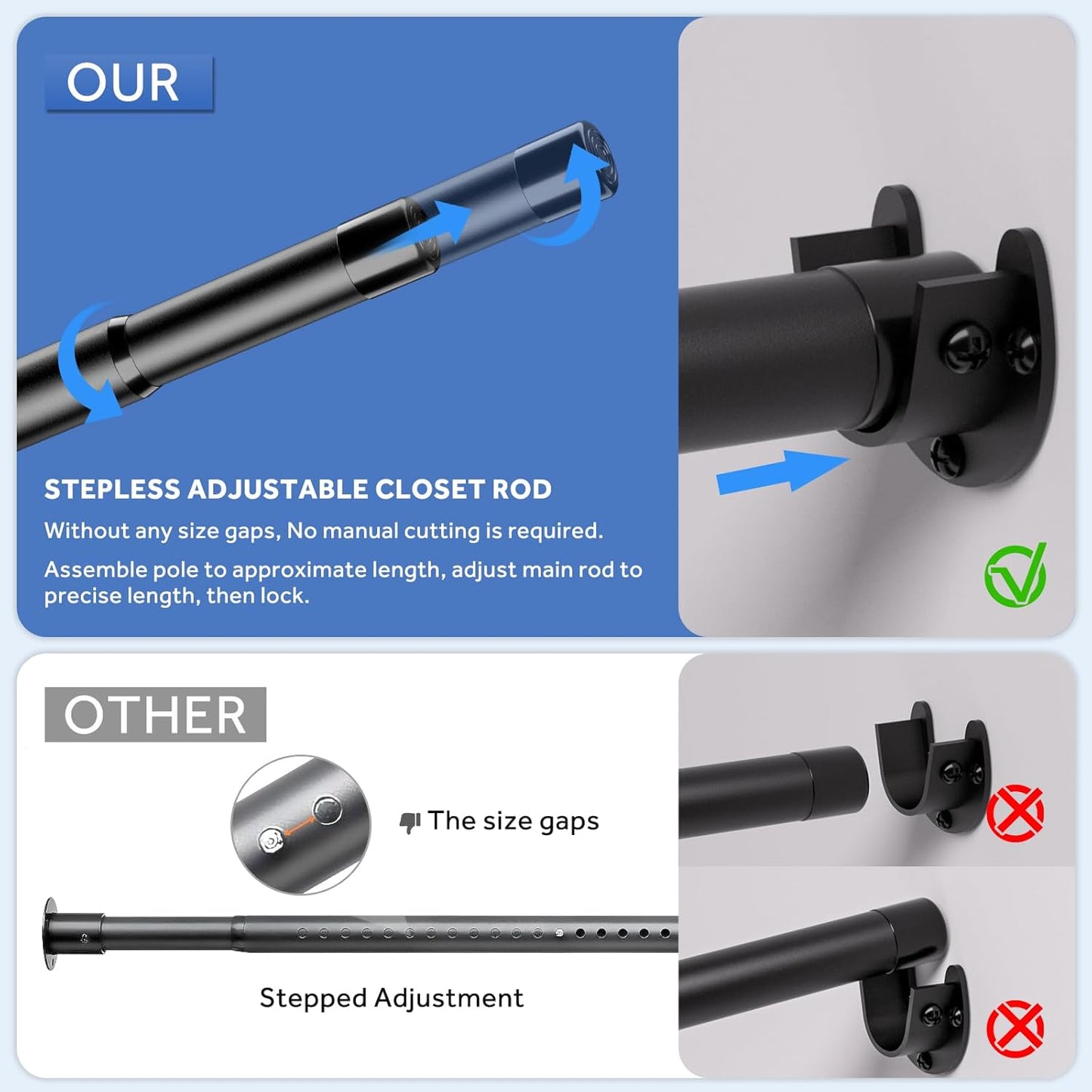 Closet Rod, 17 to 68 Inch Closet Rods for Hanging Clothes, Heavy Duty Adjustable Clothes Hanging Bar Rod Matte Black Closet Poles for Wardrobes, Closet, Bathroom, Windows,1.3 Inch Diameter