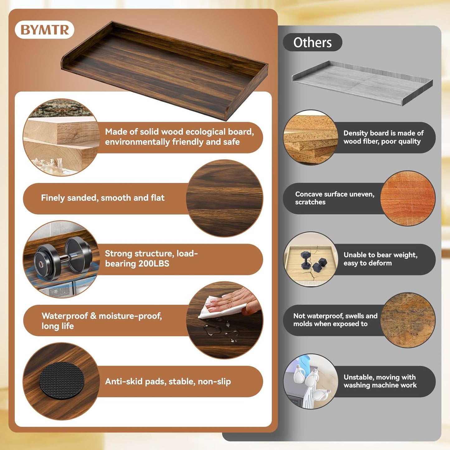 Washer Dryer Countertop, 27.5" D x 54" W Washer and Dryer Topper Covers with Edge Rails, Wood Laundry Room Countertop Shelves for Laundry Room Organization and Storage (Brown)