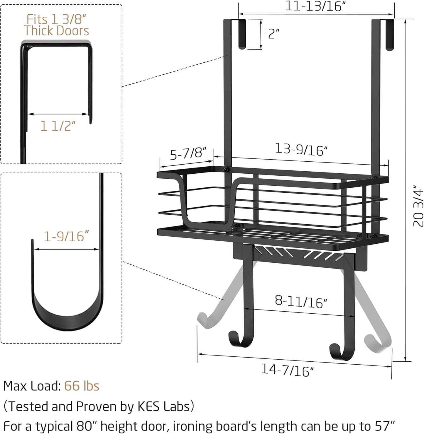 KES Over The Door Ironing Board Holder, Ironing Board Hanger Door Mount with Storage Shelf Y and T Shaped Fits for 1 3/8 Doors Matte Black, HIR501A-BK