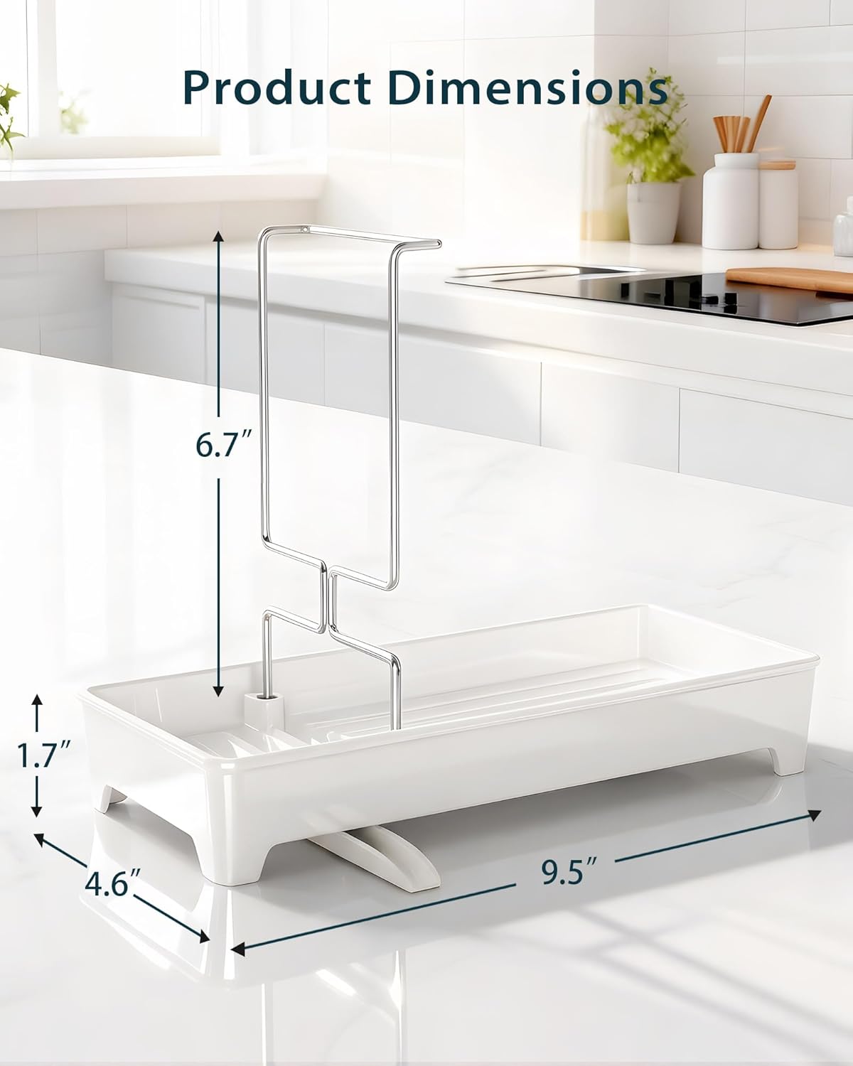 Ceramic-Look Sink Caddy, Rustproof Sponge Holder for Kitchen Sink with 304 Stainless-Steel Brush Holder, Countertop Rack Organizer with Raised Ridges & Silicone Drain Tube (Ceramic White)