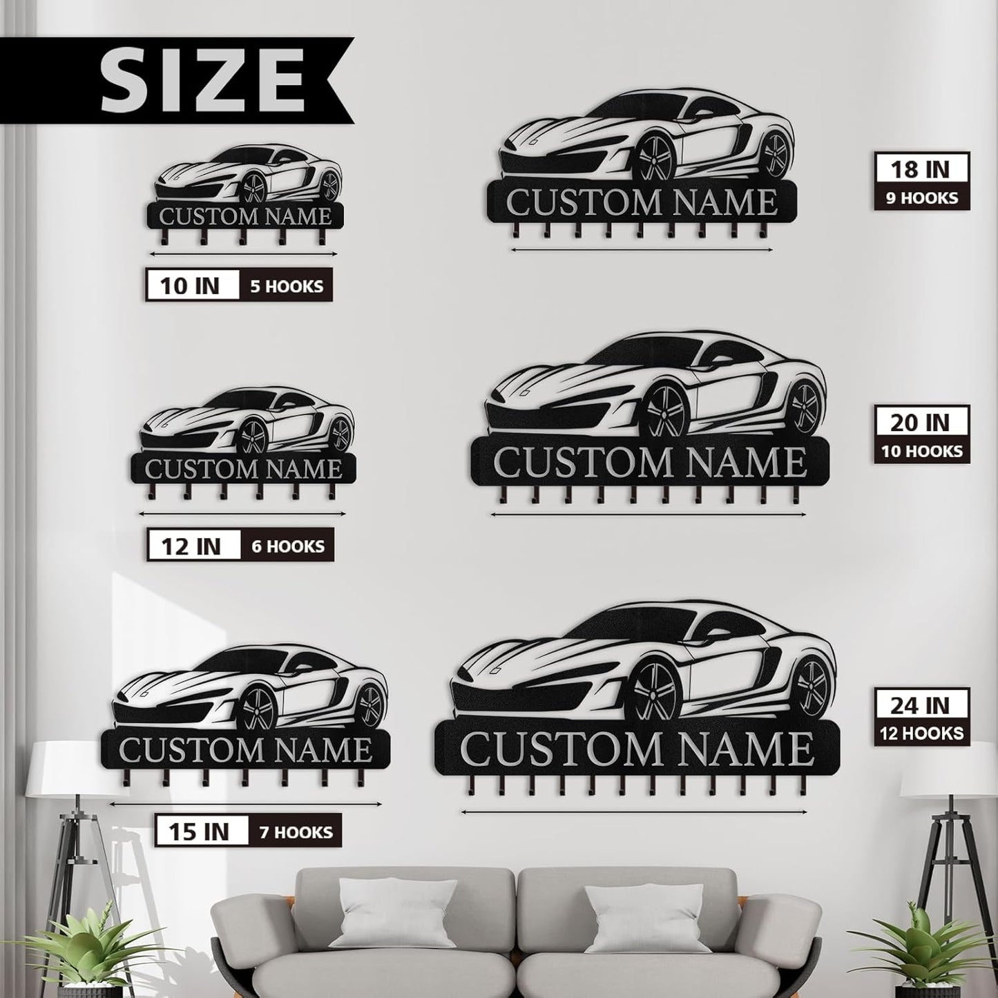 Personalized Key Holder Wall Mount - Custom Key Rack Wall Mount with Hooks, Metal Key Rack Organizer, Car Design Key Hanger, Coat Rack, Wall Mounted Decor for Entryway, Front Door, Office