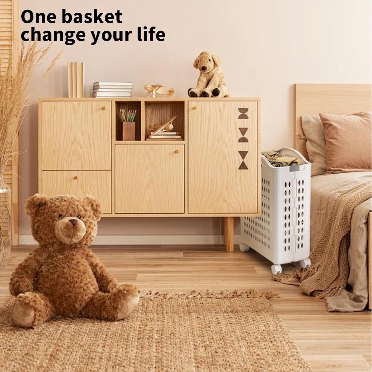 Rolling Laundry Hamper with Wheels - 14W×7.5D×21H Ventilated Plastic Laundry Basket, White Storage Bin with Handles for Small Spaces, Bedroom & Bathroom