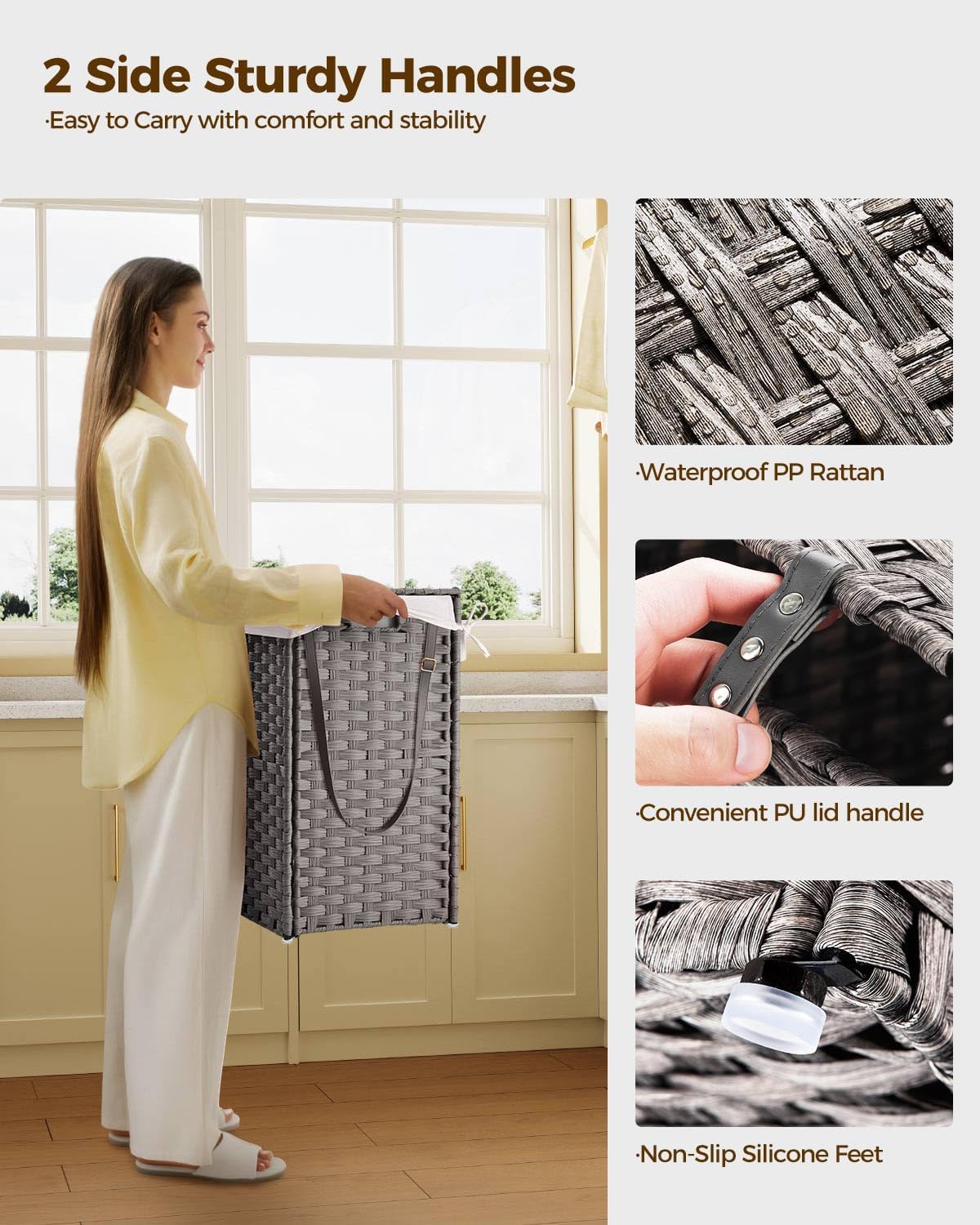 Greenstell Laundry Hamper with Wheels, No Install Needed, 90L Divided Handwoven Hampers & 2 Removable Liner Bags, Rattan Clothes Laundry Basket with Lid & Handles, Foldable Hampers Gray 18x13x26.4 In