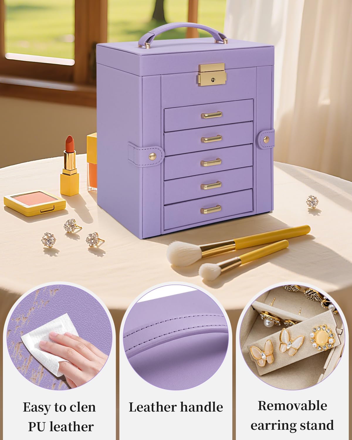 TORIBIO Large Jewelry Box for Women, Leather Jewelry Organizer with Mirror & Lock, 6-Tier Jewelry Storage Case for Girls/Women/Mothers, Necklace Earring Bracelets Holder Organizer