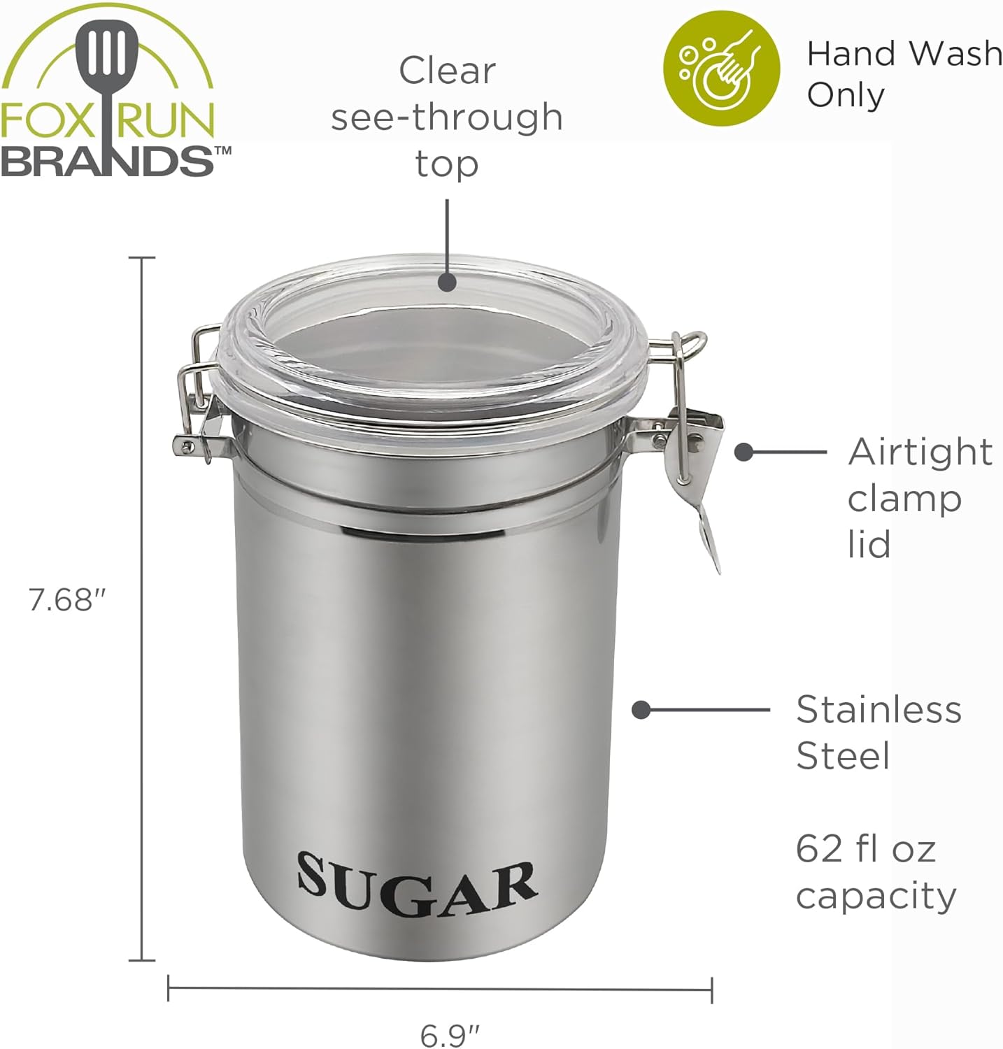 Fox Run Stainless Steel Sugar Container, 62 oz Canister with Airtight and Transparent Lid