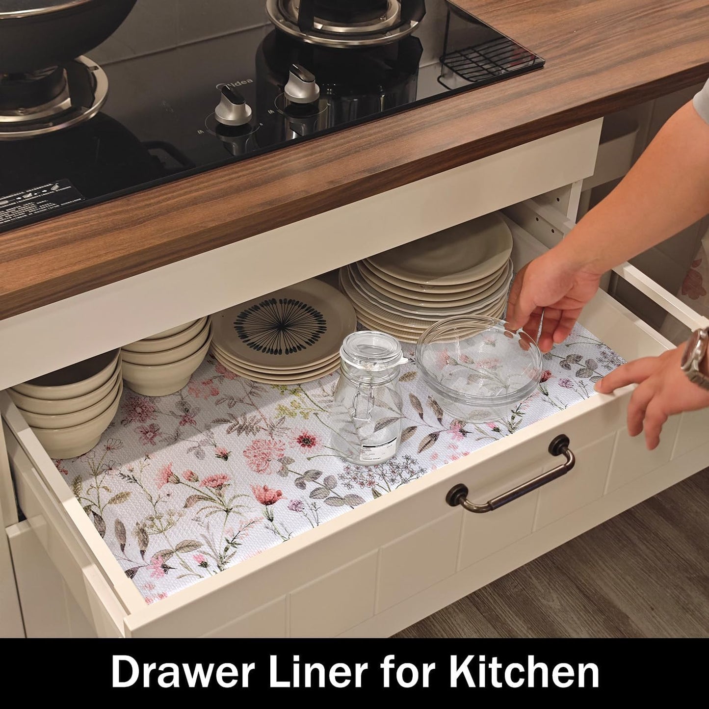 Floral Leaf Shelf Liners Strong Non-Slip and Non Adhesive 12IN x 20FT Shelf and Drawer Liners for Kitchen Cabinet Wire Fridge, Waterproof Shelf Drawer Liner,Easy to Clean