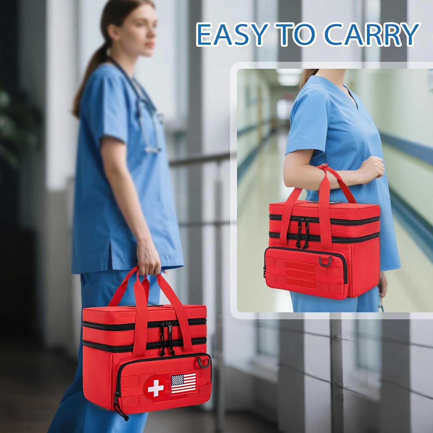 CURMIO Tactical Pill Bottle Organizer Case, Double Layers Medicine Storage Bag for Medication Bottles, Vitamins, Medical Supplies, Red (Bag Only)