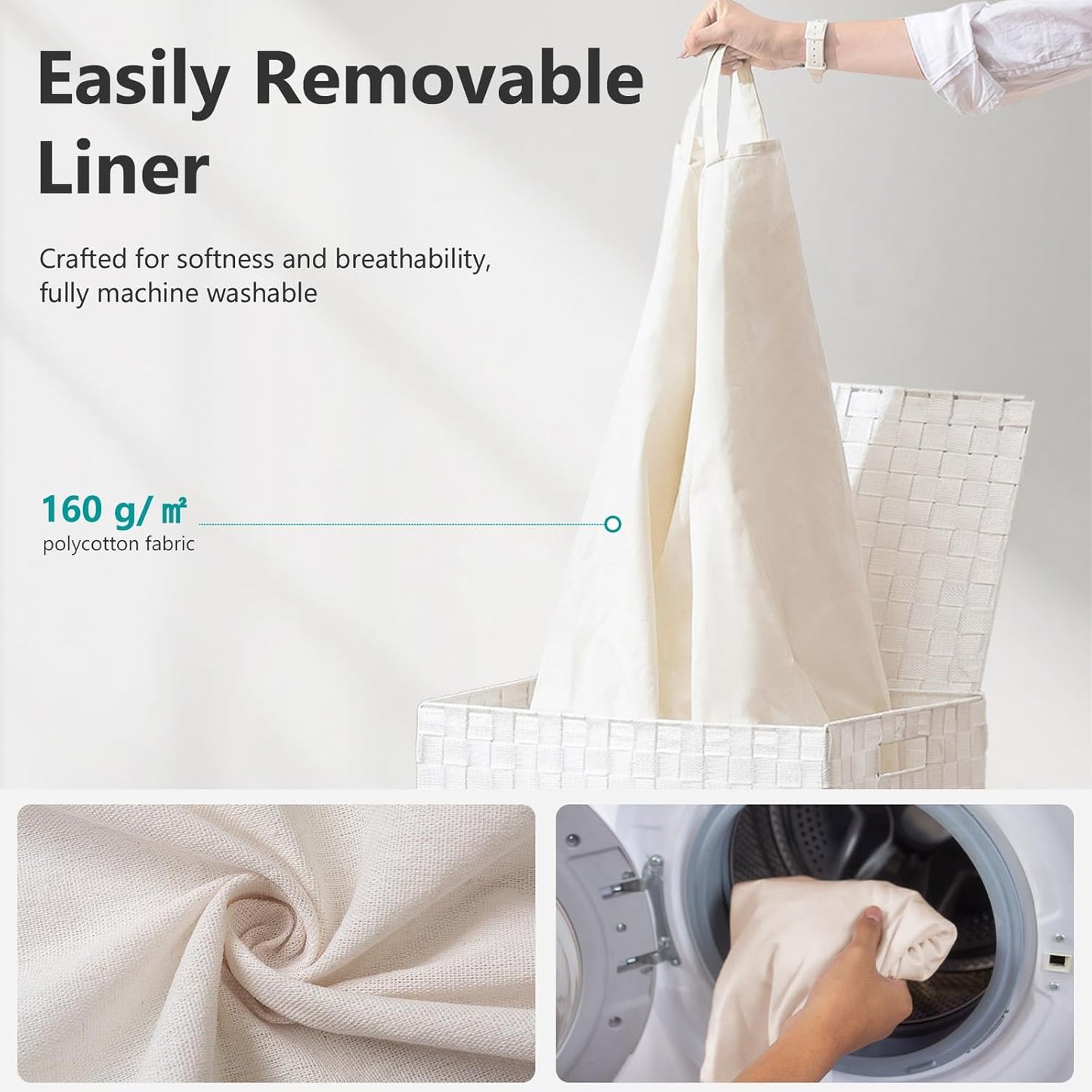 Foldable Laundry Hamper Basket with Lid by Fiona's magic, Handwoven 96L Large Clothes Hamper with Removable Liner Bags, Collapsible Tall Hamper for Bedroom, Bathroom and Dorm Organizer, 2Pack, White