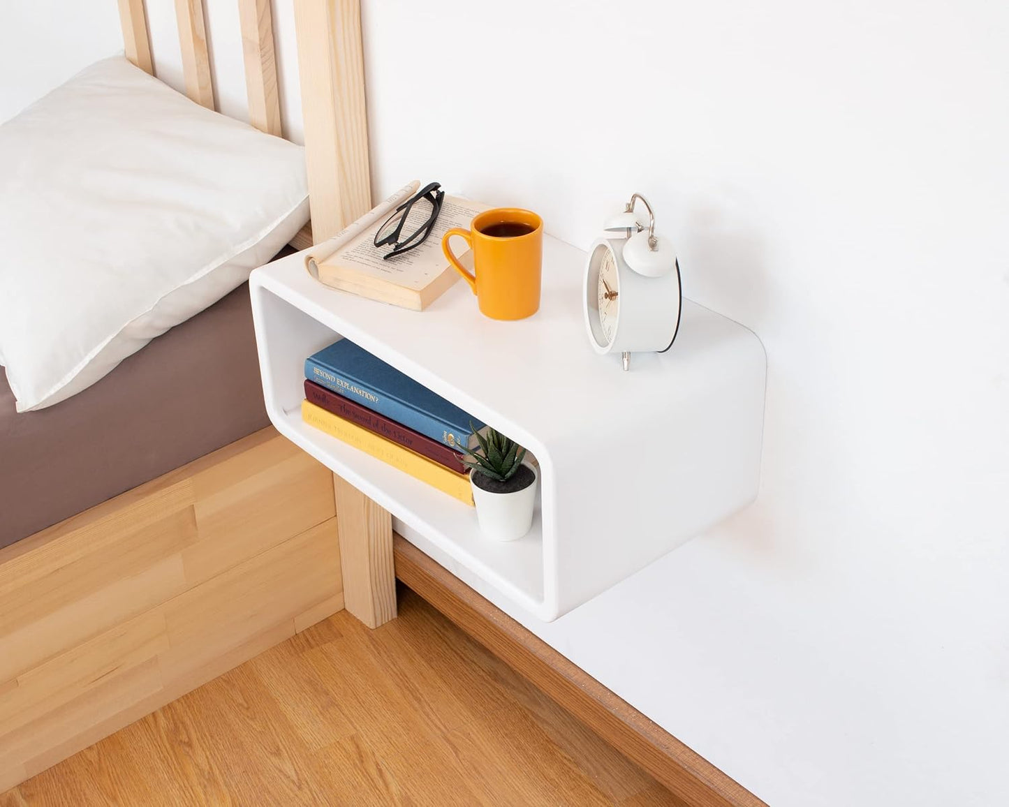 Floating Nightstand Wooden, Bedside Table, Nightstand Shelf, Handmade, Wall Mounted Bedside Shelf, Minimalist and Unique Style (White)
