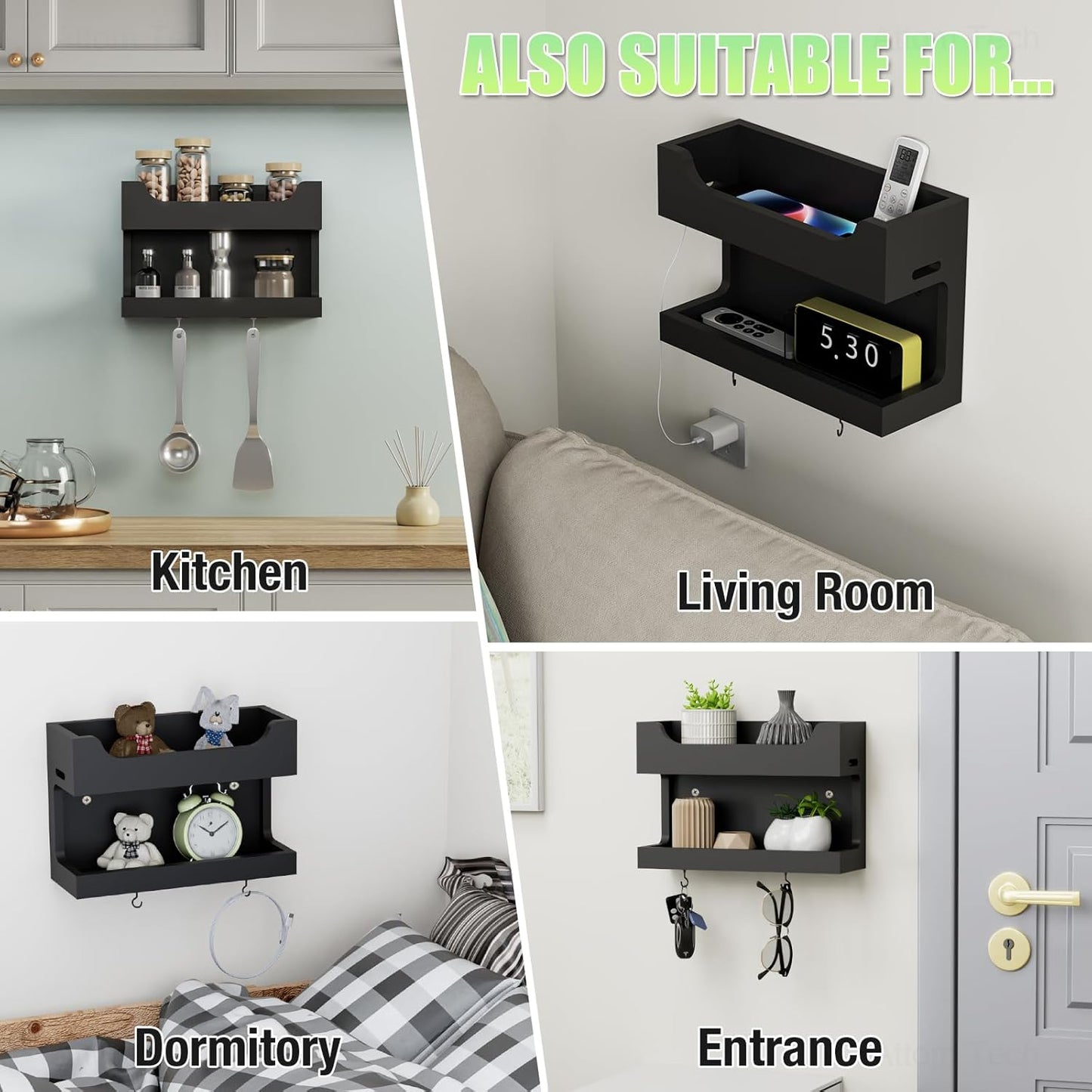 NiHome Wall Mounted Wooden Bedside Accessories Organizer, Double Tray Bedside Storage Shelf Rack with Magnetic Hooks, Bedroom Dorm RV Wall Caddy Holder for Phone Glasses Alarm Clock Remote (Black)