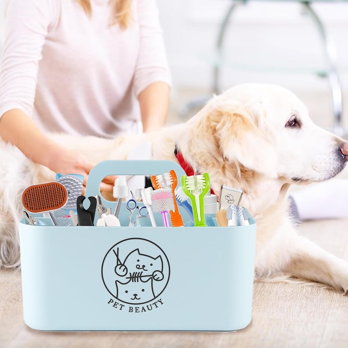 5-Compartment Blue Dog Stuff Storage Caddy, Portable Pet Grooming Organizer with Handle, 9.8" L x 6.1" W x 4.4" H