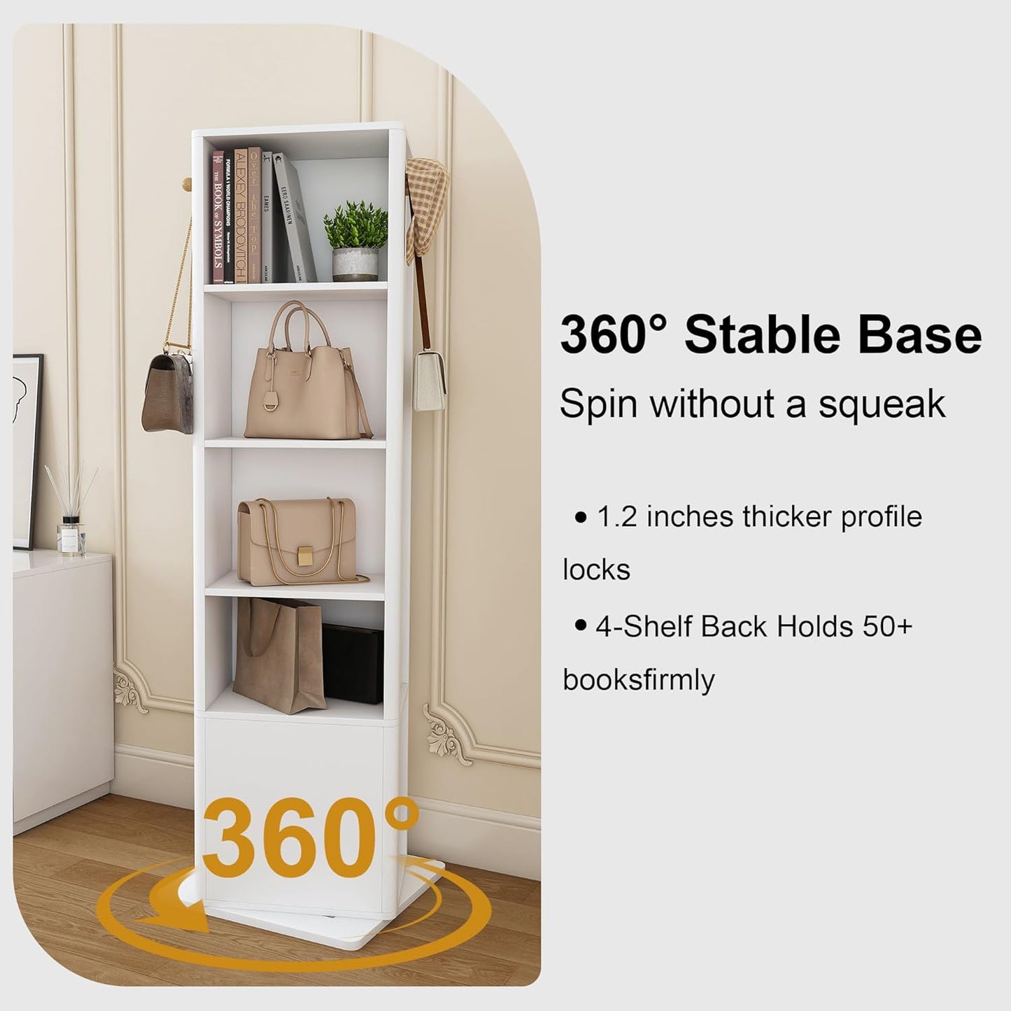 Montary 360° Rotating Makeup & Jewelry Cabinet with Full-Length Mirror - Standing Storage Organizer with Coat Rack, 4-Tier Open & Built-in Shelves, White