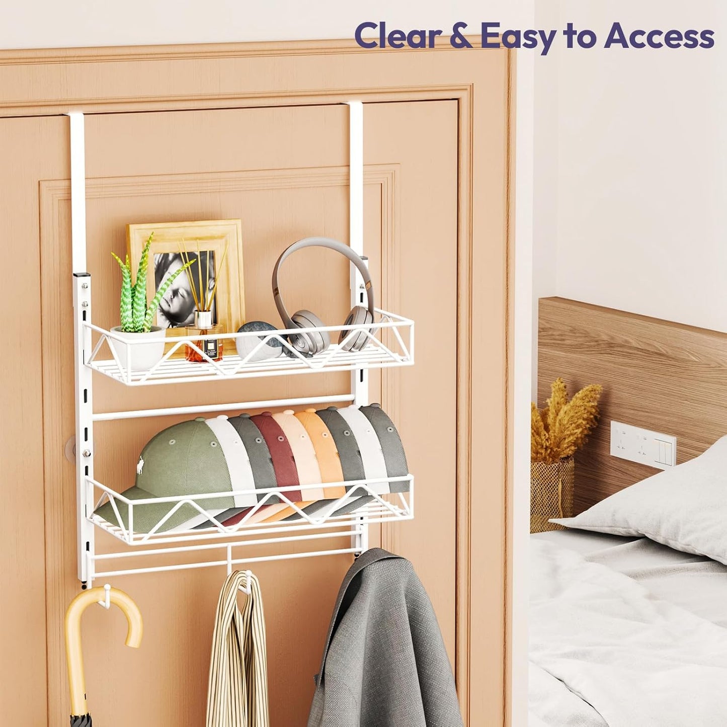 SWTYMIKI Over Door Hat Organizer - 3 Tier Wall Mounted Hat Rack with 2 Adjustable Metal Basket and 3 Hooks, Hanging Baseball Cap Organizer Storage Holds up to 29 Caps for Door, Bedroom, Closet
