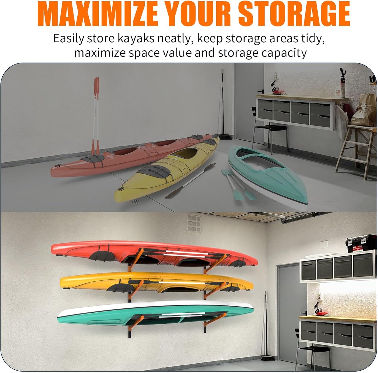 Kayak Storage Rack, Wall Mount Kayak Racks for Indoor Outdoor Storage, Heavy Duty Adjustable Kayak Rack for Garage, Spacesaver