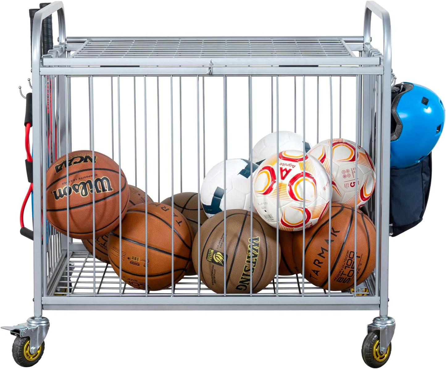 MyGift Large Capacity Metal Rolling Multi Sports Ball Cage Storage Hopper, Gym Equipment Basket Cart with Lockable Latch, Heavy Duty Caster Wheels, and 8 Accessory Hooks