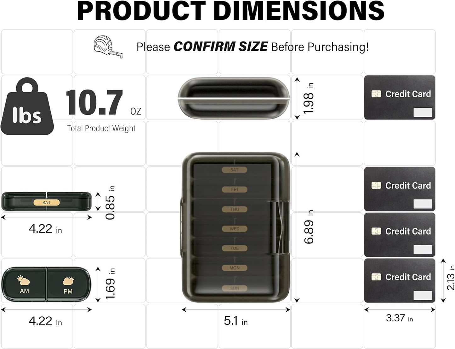 Weekly Pill Organizer 2 Times a Day, 7 Day Pill Box 2 Times, Portable for Travel Pill Case for Pills/Vitamin/Fish Oil/Medication/Supplements (2x7 Black)