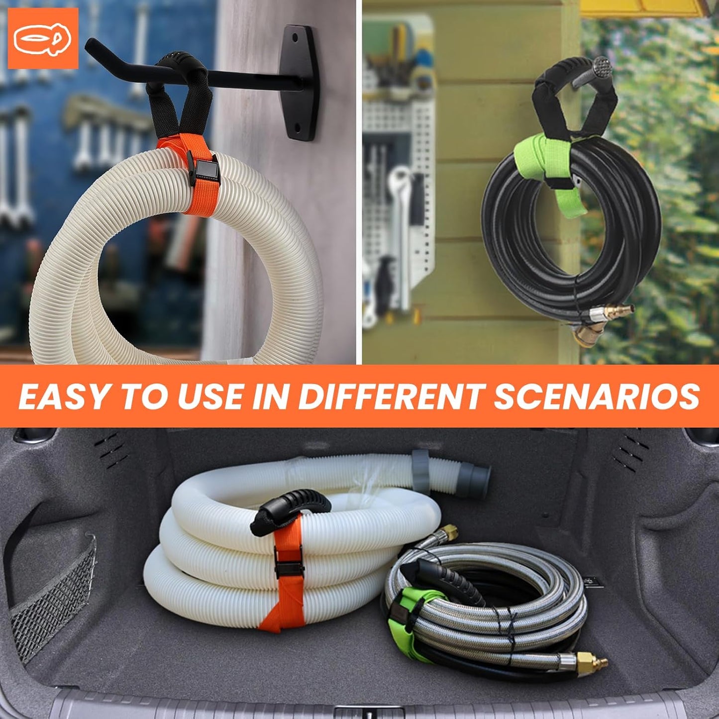 Heavy Duty Storage Straps with Handle(2 Pack) for Cables, Ropes and Hoses, Extension Cord Organizer with Handle and Easy Adjustable Steel Black Lock Slider Buckles for Pool Hoses, Garden Hoses.