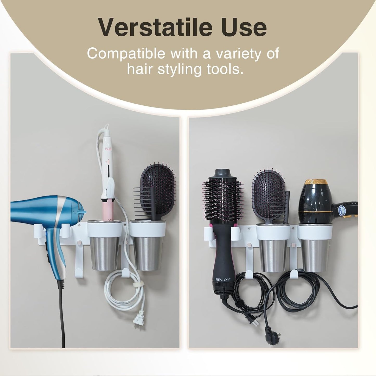 3-in-1 Hair Tool Organzier, Hair Hot Tools Wall Holder, Hair Dryer Curling Iron Holder with Cord Keeper, Hair Dryer Holder for Vanity Bathroom Powder Room