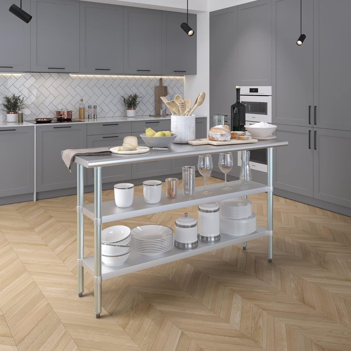AmGood Stainless Steel Work Table with 2 Shelves | NSF | Metal Utility Table (60" Long x 18" Deep)