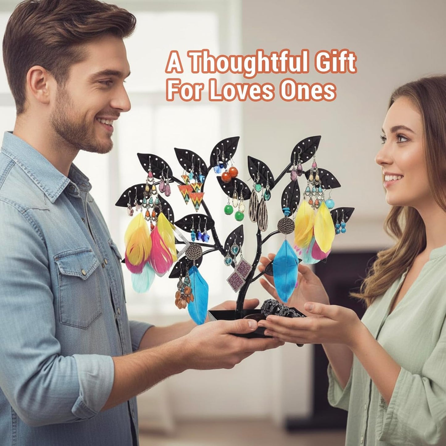 MyGift Jewelry Tree w/Bird Nest 48 pair Earrings Holder, Bracelets/Necklace Organizer Stand (Black Metal)