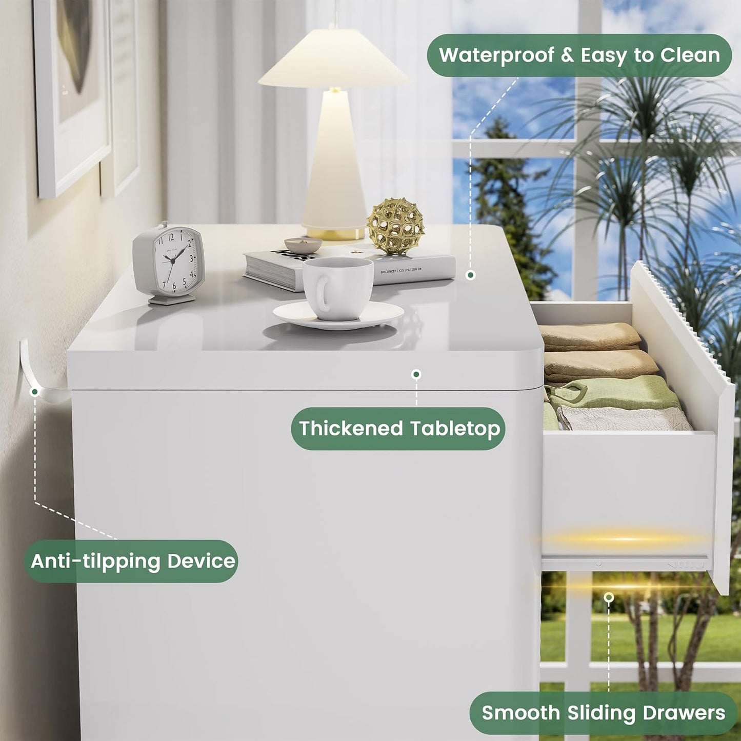 White Nightstand Set of 2, 3 Drawers Night Stand Set, Mid Century Modern Bed Side Table, Large Fluted End Table for Bedroom Living Room Sofa Couch Home Office, Bedside Table with Storage, 24.8” Wide
