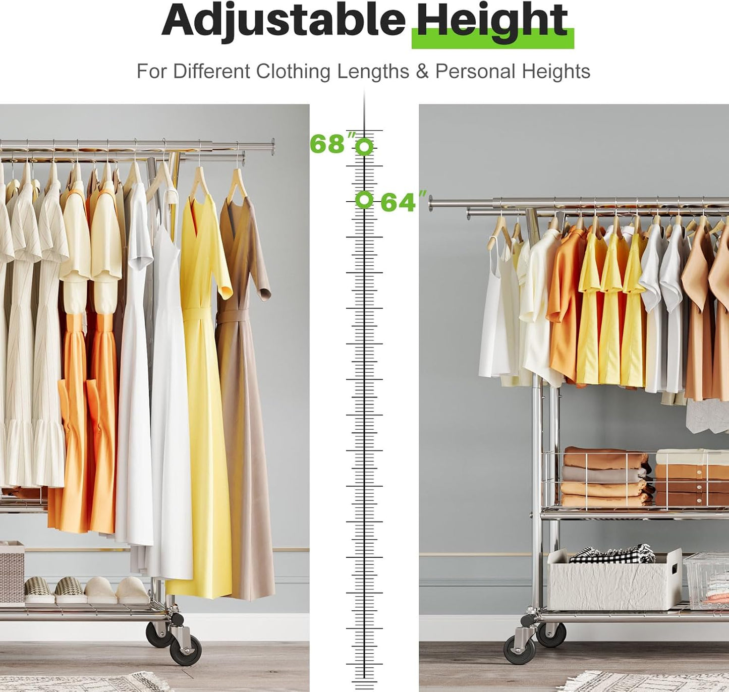 HOKEEPER Heavy Duty Clothes Rack Load 625 LBS, Clothing Rack for Hanging Clothes Adjustable Rolling Garment Rack with Wheels for Bedroom, Living Room (Double Rod with Metal Basket)